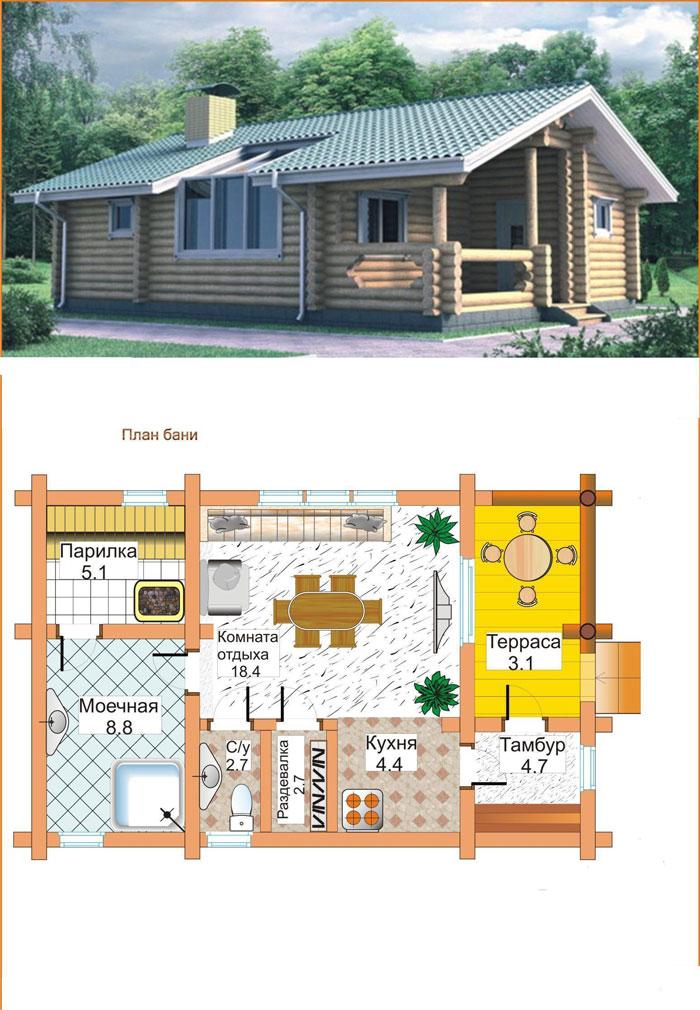 Проекты бань с жилой комнатой и кухней