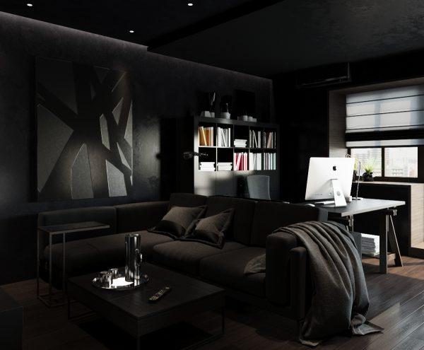 Комната с чёрными стенами и мебелью
